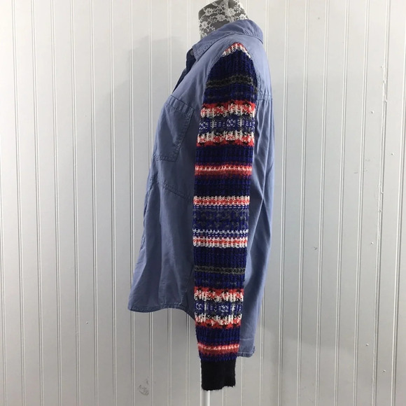 We The Free People Button Front Shirt Blue Knit Aztec Sleeves - Picture 4 of 9